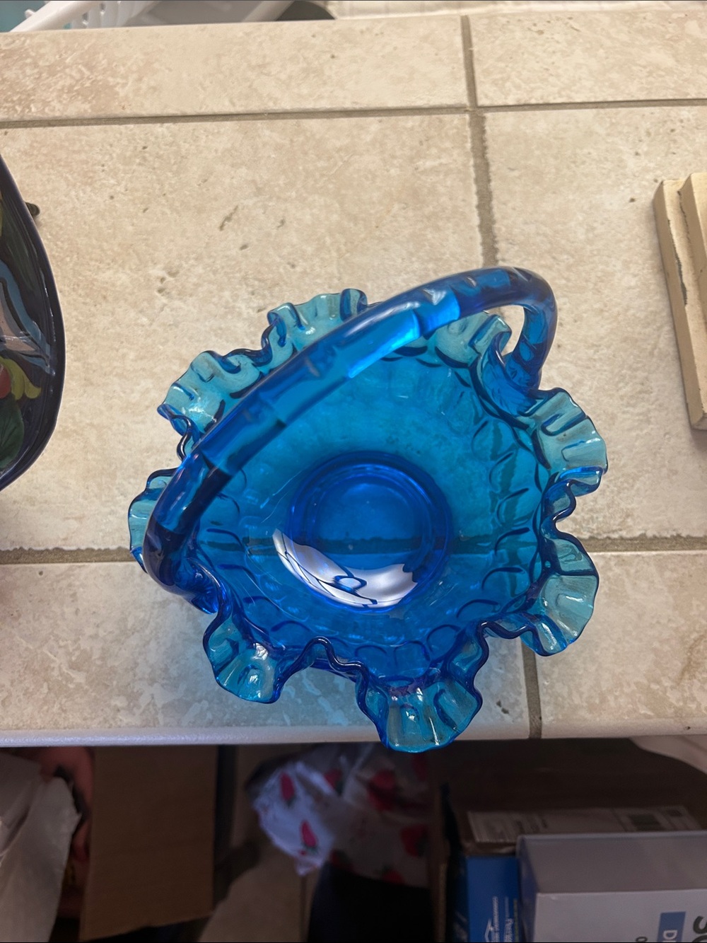 Fenton Cobalt Blue Ruffled Glass Basket - Picture 3 of 4